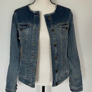 Boden Denim Jacket Dark Wash Frayed Collarless Neckline Fitted Slight Stretch 6